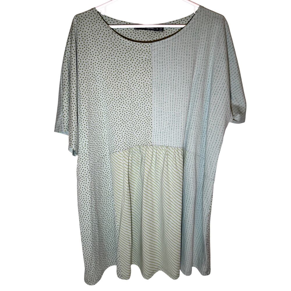 Gudrun Sjodren Mixed Print Jersey Tunic XL Dots Stripes Green Blue Lagenlook